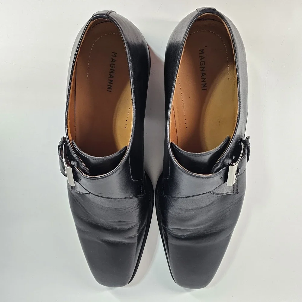 Magnanni Black Leather Single Monk Strap Loafers